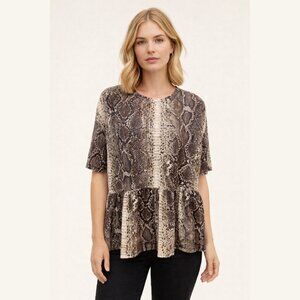 Zara‎ Babydoll Top Blouse Large Brown Tan Snakeskin Print Crocodile Peplum Edgy